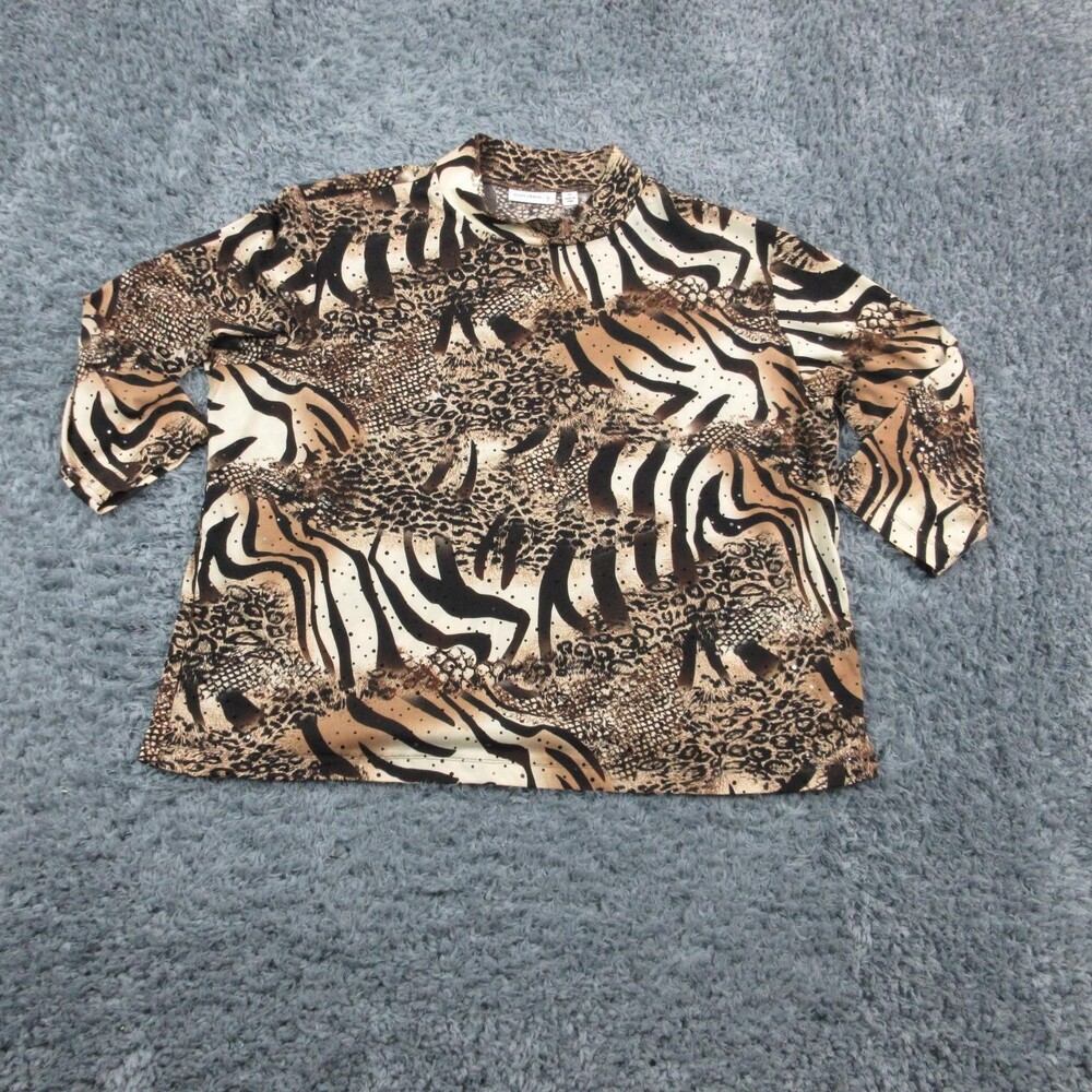 Susan Graver Shirt Womens 3X Brown Animal Print Mock Neck 3/4 Sleeve Pullover
